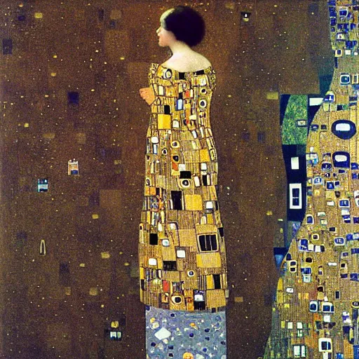 Image similar to woman looking out of a porthole window in a gigantic detailed ufo flying over a town painting by gustav klimt