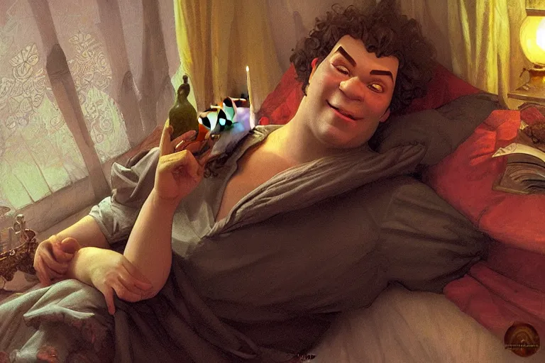 Image similar to russian poet alexander pushkin and shrek together in bed, portrait, highly detailed, digital painting, artstation, concept art, smooth, sharp focus, illustration, cinematic lighting, art by artgerm and greg rutkowski and alphonse mucha