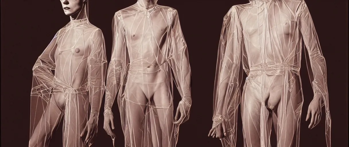 Image similar to hyperrealist highly detailed 1970 seventies portrait of obscure high fashion demon, intricate geometric translucent transparent see-through silk robes, concept art pascal blanche dramatic dramatic lighting 8k wide angle shallow depth of field