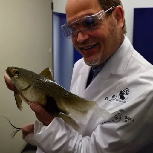 Image similar to a scientist shows off his captive live specimen that is the funniest thing in the world. the room the scientist is in is full of news reporters laughing hysterically while holding cameras and microphones.