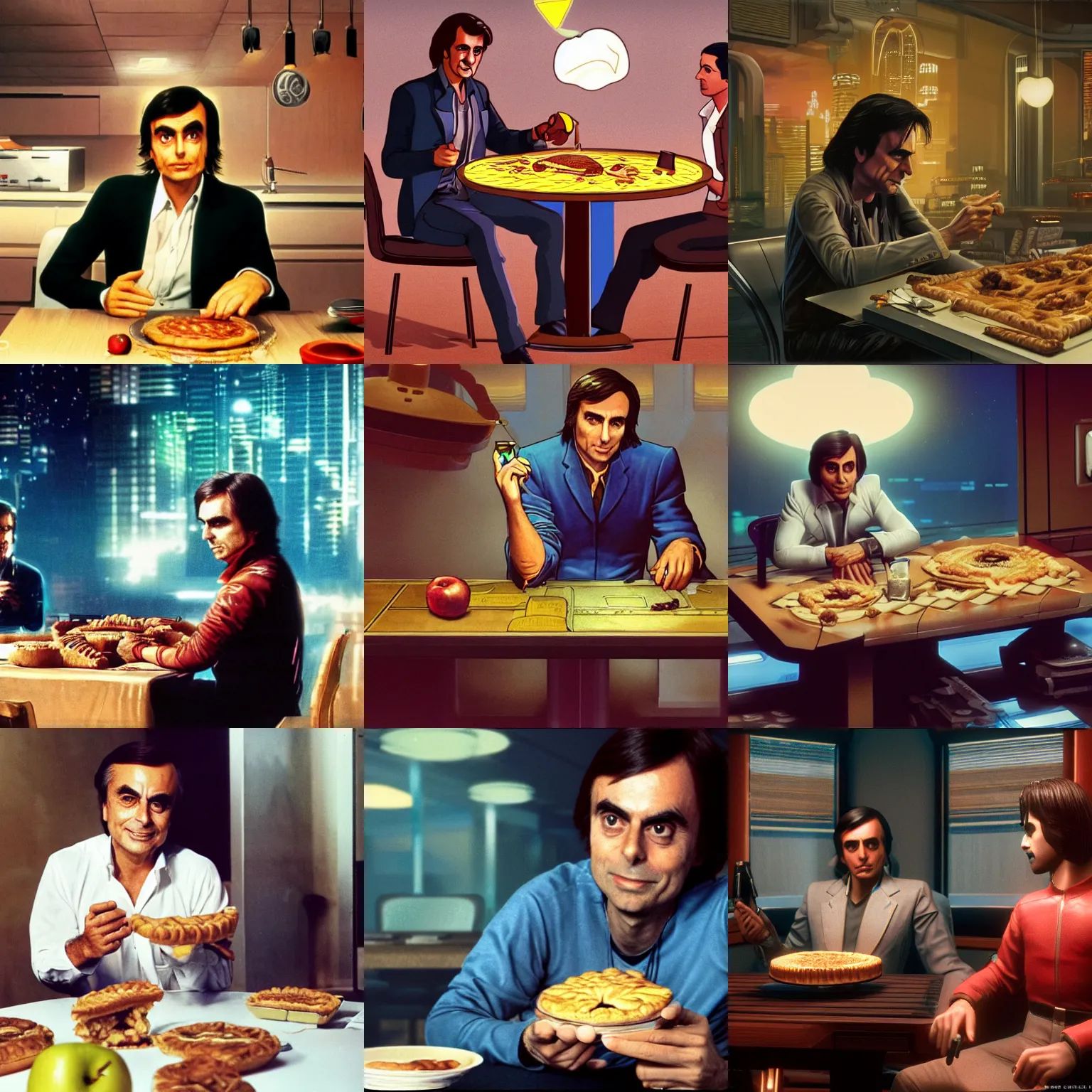 Prompt: carl sagan in cyberpunk 2 0 7 7 sitting at a fancy table with an apple pie cp 2 0 7 7 3 8 4 0 x 2 1 6 0