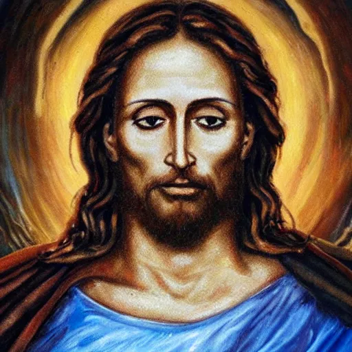Prompt: a highly detailed oil painting of Jesus Christ with skull instead of face, standing inside the epicenter of thermonuclear blast mushroom on blue earth planet, praying for mercy
