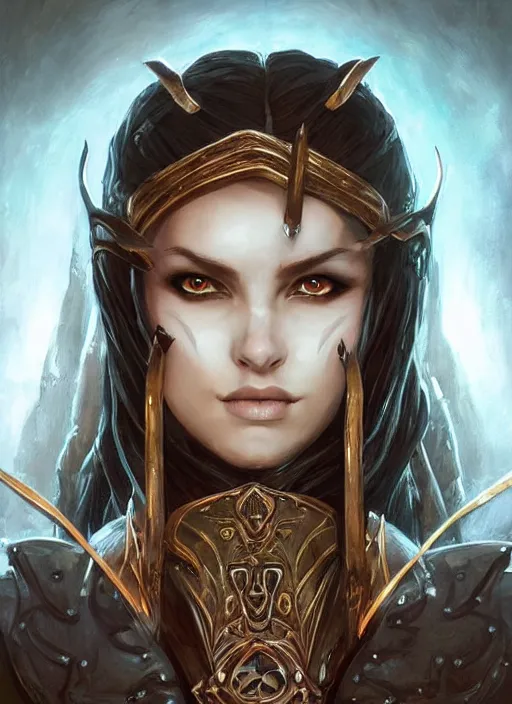 Image similar to a highly detailed symmetrical painting of a female fantasy ranger with piercing beautiful eyes in dark tomb setting, dynamic lighting, ambient lighting, trending on artstation, art by artgerm and karol bak and mark brooks