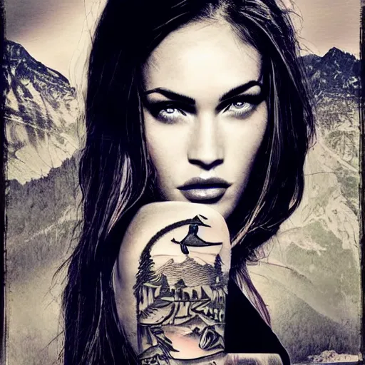 Image similar to tattoo design sketch with double exposure effect of megan fox face and beautiful mountain scenery, in the style of matteo pasqualin, amazing detail