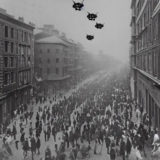 Image similar to grainy 1800s photo of a crowded city street with flying drones above