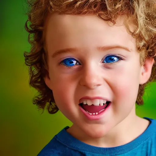 Image similar to caricature painting of a toddler boy with curly blond hair and blue eyes, photography, realistic