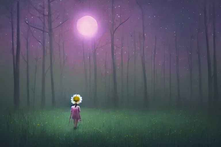 Prompt: giant daisy flowers head, girl walking in dark forest, surreal photography, dark night, stars, moon light, impressionist painting, clouds, digital painting, artstation, simon stalenhag