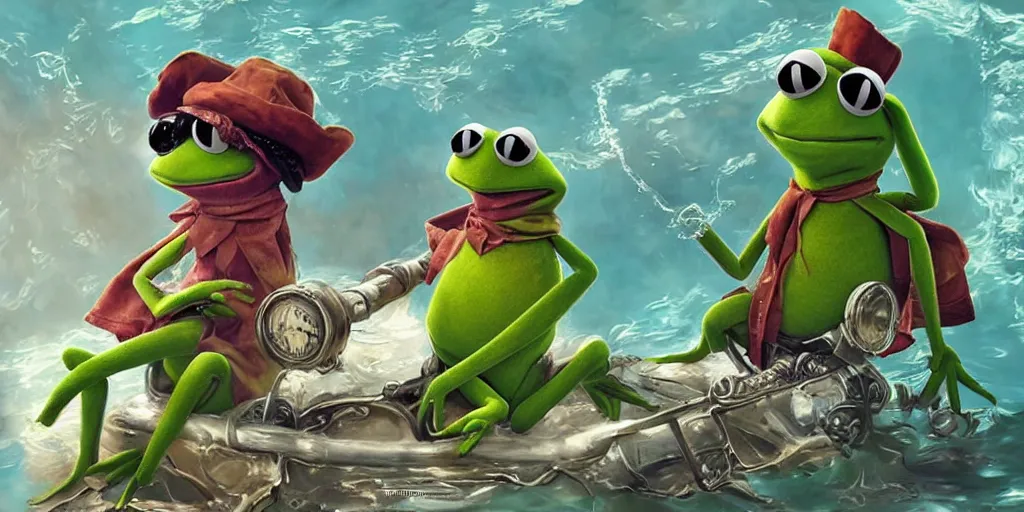 Image similar to digital art, trending on artstation, pin ups of kermit the frog in an underwater steam punk world
