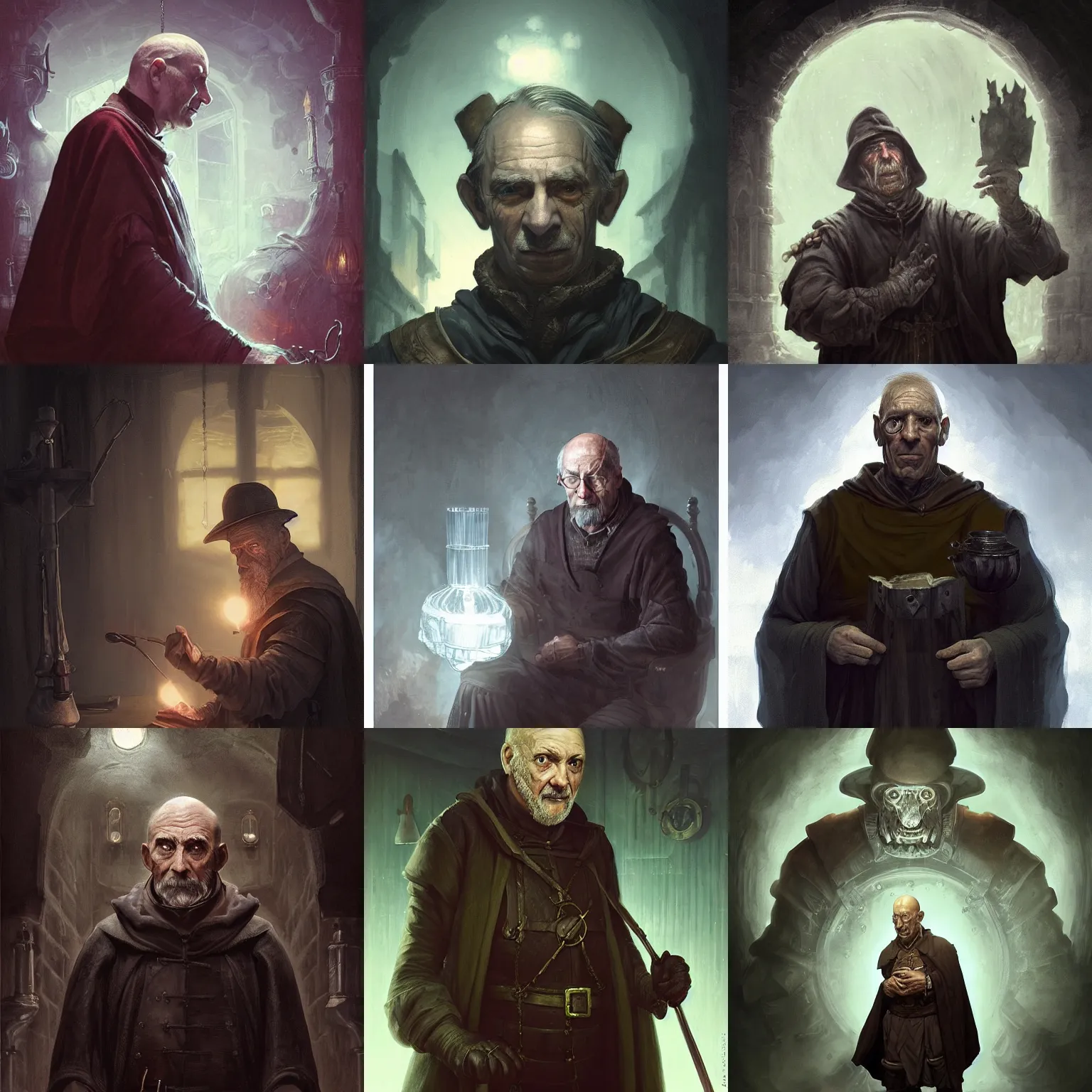 Prompt: portrait of an old, medieval alchemist in the dark, he is turned to the left side, and looking into the camera maliciously!!. studio lighting bright ambient lighting key light, fantasy, detailed, photorealistic portrait by michael komarck, greg rutkowski, victo ngai, artgerm and j. dickenson