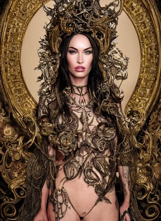 Image similar to a portrait of megan fox by stefan geselle and nekro borja, photorealistic, intricate details, hyper realistic, fantasy, elegant, baroque gold headpiece, photorealistic, canon r 3, photography, wide shot, symmetrical features, symmetrical pose, wide angle shot, head to toe, standing pose, feet on the ground, wearable art