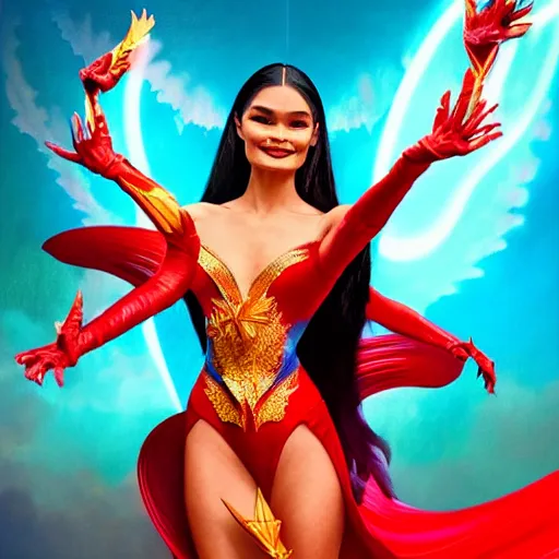 Image similar to pia wurtzbach as darna, wax figure, volumetric lights, red and cyan theme, art nouveau botanicals, intricate, highly detailed, digital painting, artstation, concept art, smooth, sharp focus, cinematic, illustration, beautiful face, art by artgerm and greg rutkowski and alphonse mucha