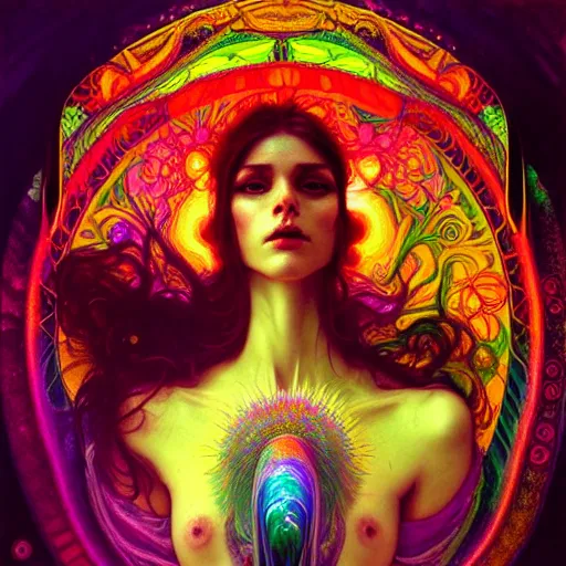 Image similar to An extremely psychedelic experience, colorful, surreal, dramatic lighting, magic mushrooms, psilocybin, LSD, face, detailed, intricate, elegant, highly detailed, digital painting, artstation, concept art, smooth, sharp focus, illustration, art by Krenz Cushart and Artem Demura and alphonse mucha