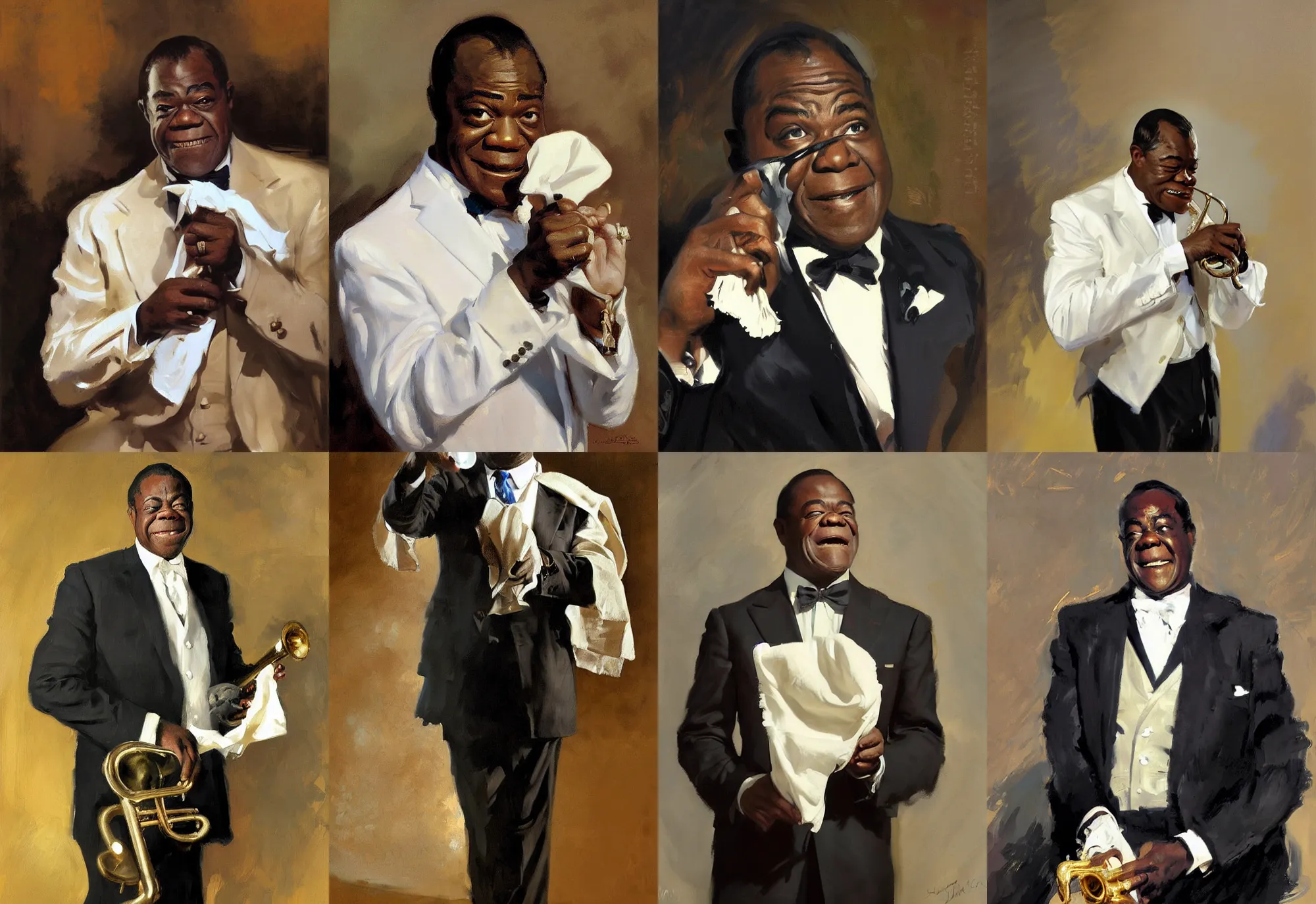 Image similar to a portrait of louis armstrong holding a white handkerchief, by john singer sargent and jonathan yeo and greg manchess, dramatic lighting, highly detailed digital painting