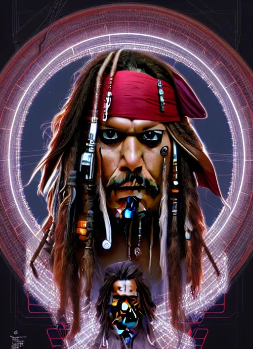 Prompt: symmetry!! portrait of jack sparrow, sci - fi, tech wear, glowing lights!! intricate, elegant, highly detailed, digital painting, artstation, concept art, smooth, sharp focus, illustration, art by artgerm and greg rutkowski and alphonse mucha