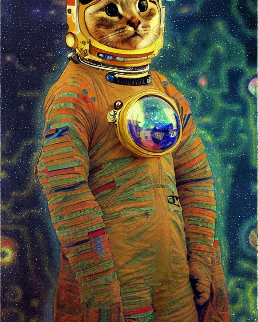 Image similar to cosmonaut cat portrait an oil painting splashes with many colors and shapes by gustav klimt greg rutkowski and alphonse mucha, polycount, generative art, psychedelic, fractalism, glitch art