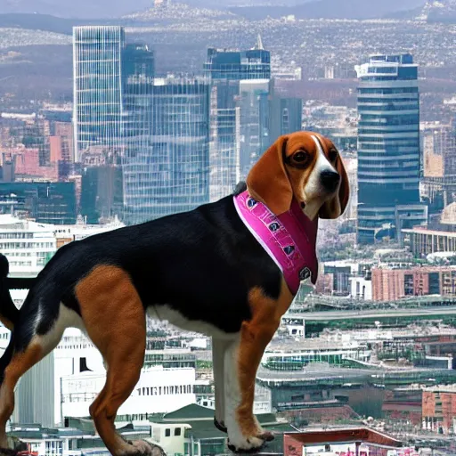 Image similar to photo of gigantic beagle dog over a city