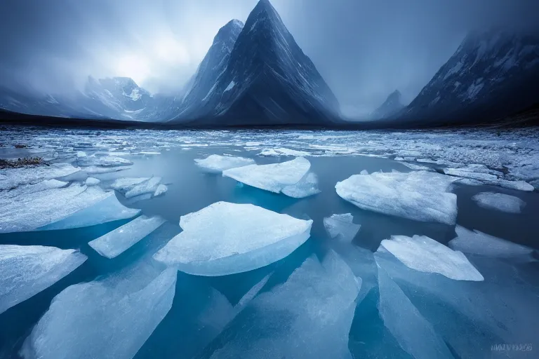 Image similar to moody landscape photography by marc adamus, ice vcave, blue, wide angle