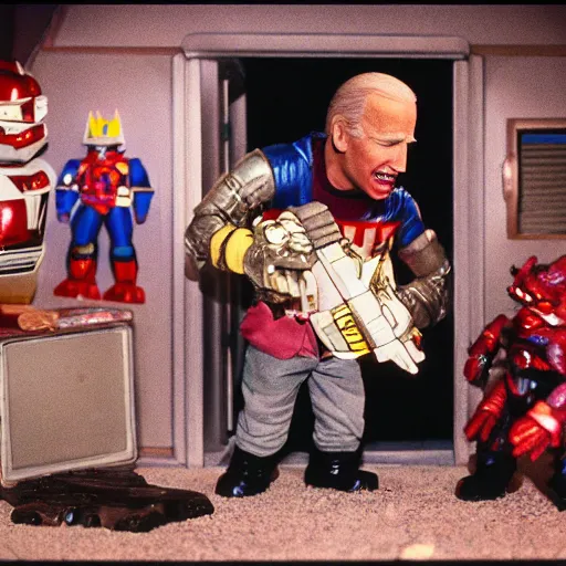 Image similar to joe biden, master splinter holding a megazord battling krang inside abandoned dollhouse, 35mm film