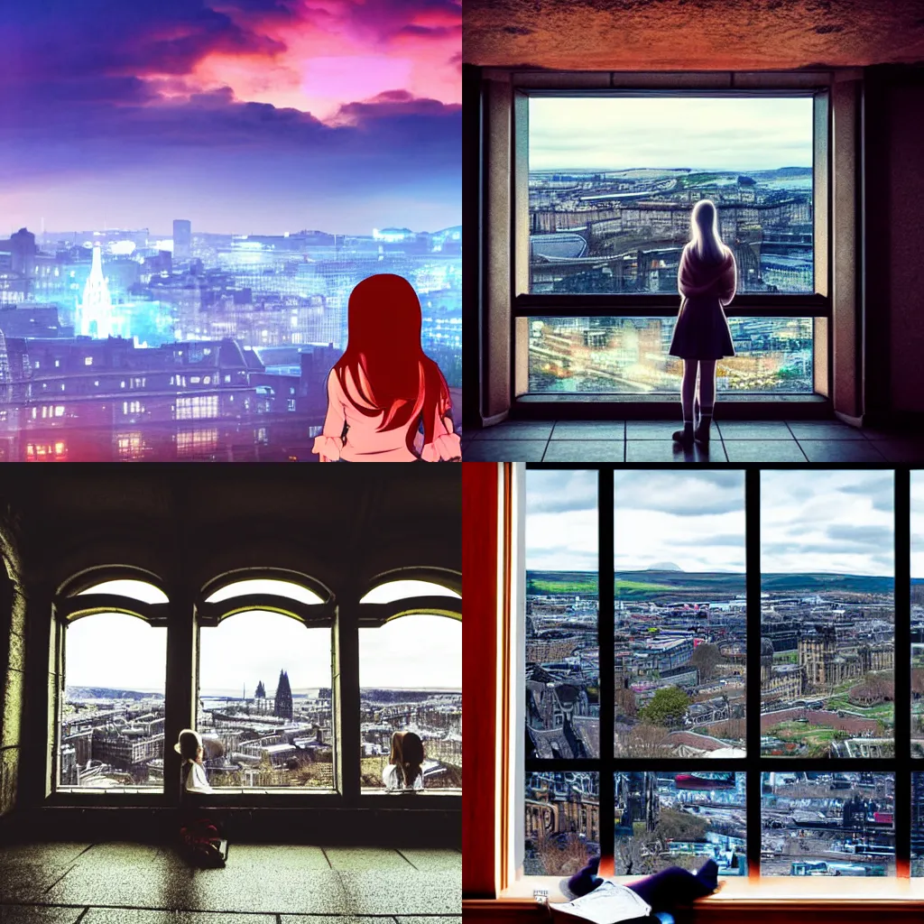 Prompt: Anime girl looking out over the city from a window edinburgh castle in distance cyberpunk style volumetric lighting