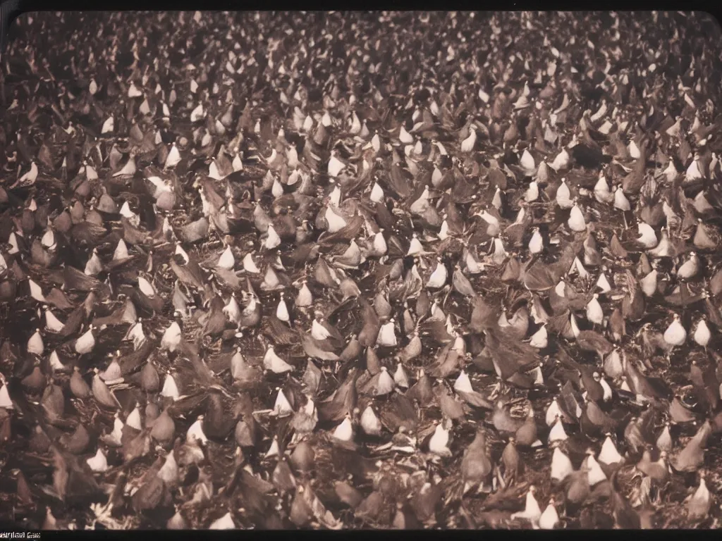 Prompt: 80s polaroid colour flash photograph of pigeons attending an Iron Maiden concert