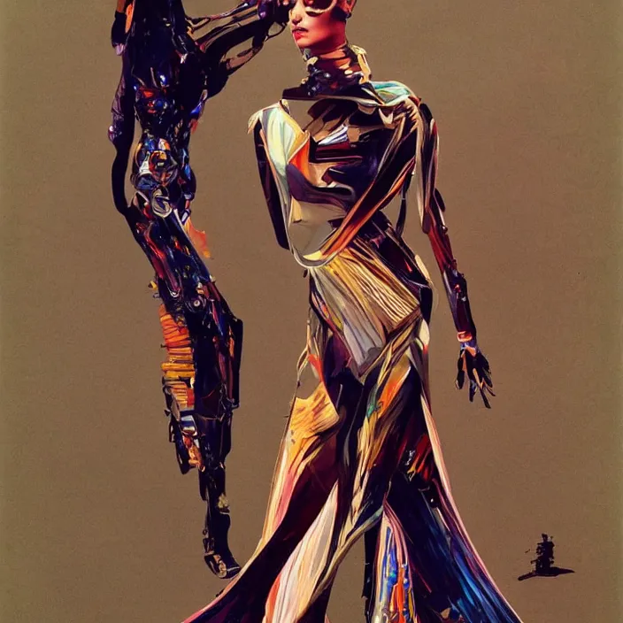 Image similar to chinese princess, full body, high fashion, futurist, aerodynamic, flowing, intricate, slick, highly detailed, digital painting, cyberpunk, concept art, smooth, sharp focus, hd, art by syd mead and bruce pennington and annie leibovitz