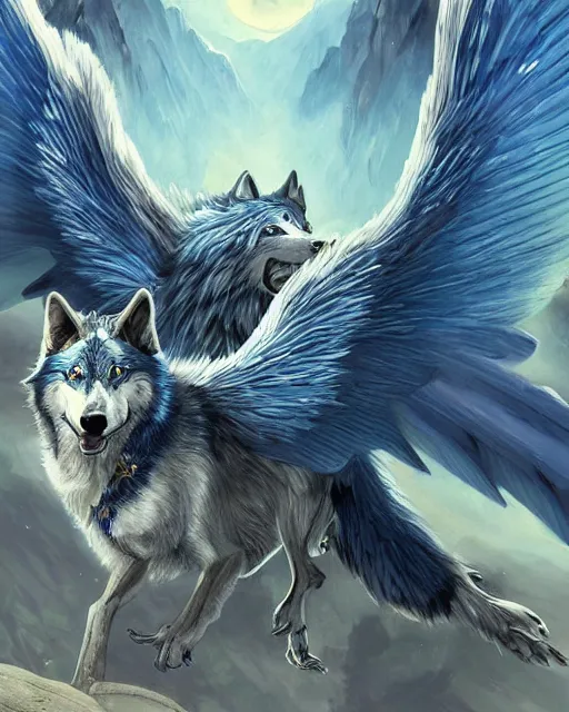 Image similar to blue feathered wolf with wings on a beautiful fantasy landscape, hills, mountains, moonlit, hd, illustration, epic, d & d, fantasy, intricate, elegant, highly detailed, digital painting, artstation, concept art, smooth, sharp focus, illustration, wallpaper, art by artgerm and greg rutkowski and alphonse mucha and jin xiaodi