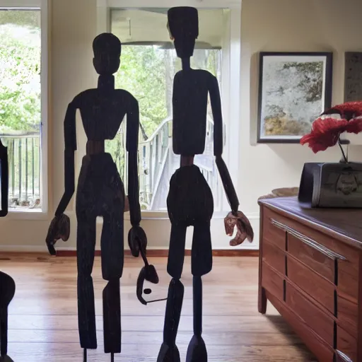 Image similar to a real estate home interior photo. a creepy wooden mannequin family,