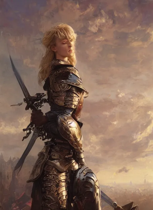 Prompt: short muscular blonde woman wearing realistic medieval armour, mackenzie davis, detailed by gaston bussiere, bayard wu, greg rutkowski, maxim verehin, greg rutkowski, masterpiece, sharp focus, cinematic lightning