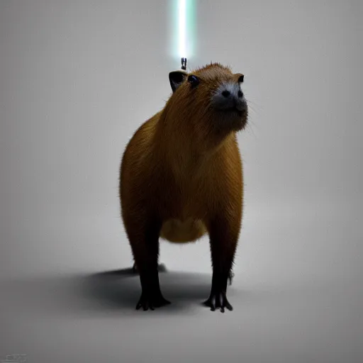 Image similar to A Realistic capybara posing with a glowing Jedi light saber in a well lit white room, 4k Photograph