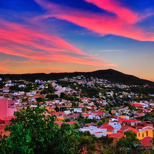 Image similar to a very high quality photo of a beautiful hispanic town during sunset