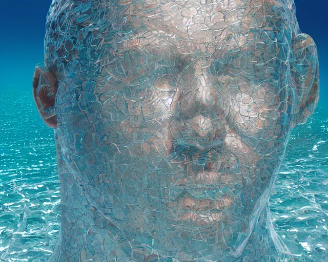 Image similar to a long shot of a giant award winning sculpture of a human head made out transparent jelly, on the surface of the ocean, in the style of chad knight, hyper detailed, hyper realistic, ray tracing, 8 k resolution, sharp focus, realistic water