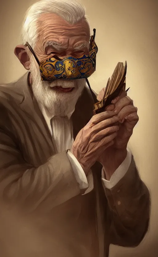 Image similar to old man doing with mask, do what we can, then leave it to god, non fiction, baroque, confidently, consistency, stability, cohesion, elegantl, highly detailed, 8 k uhd, digital painting, artstation, concept art, matte, sharp focus, illustration, art by artgerm and paul lung and samuel silva