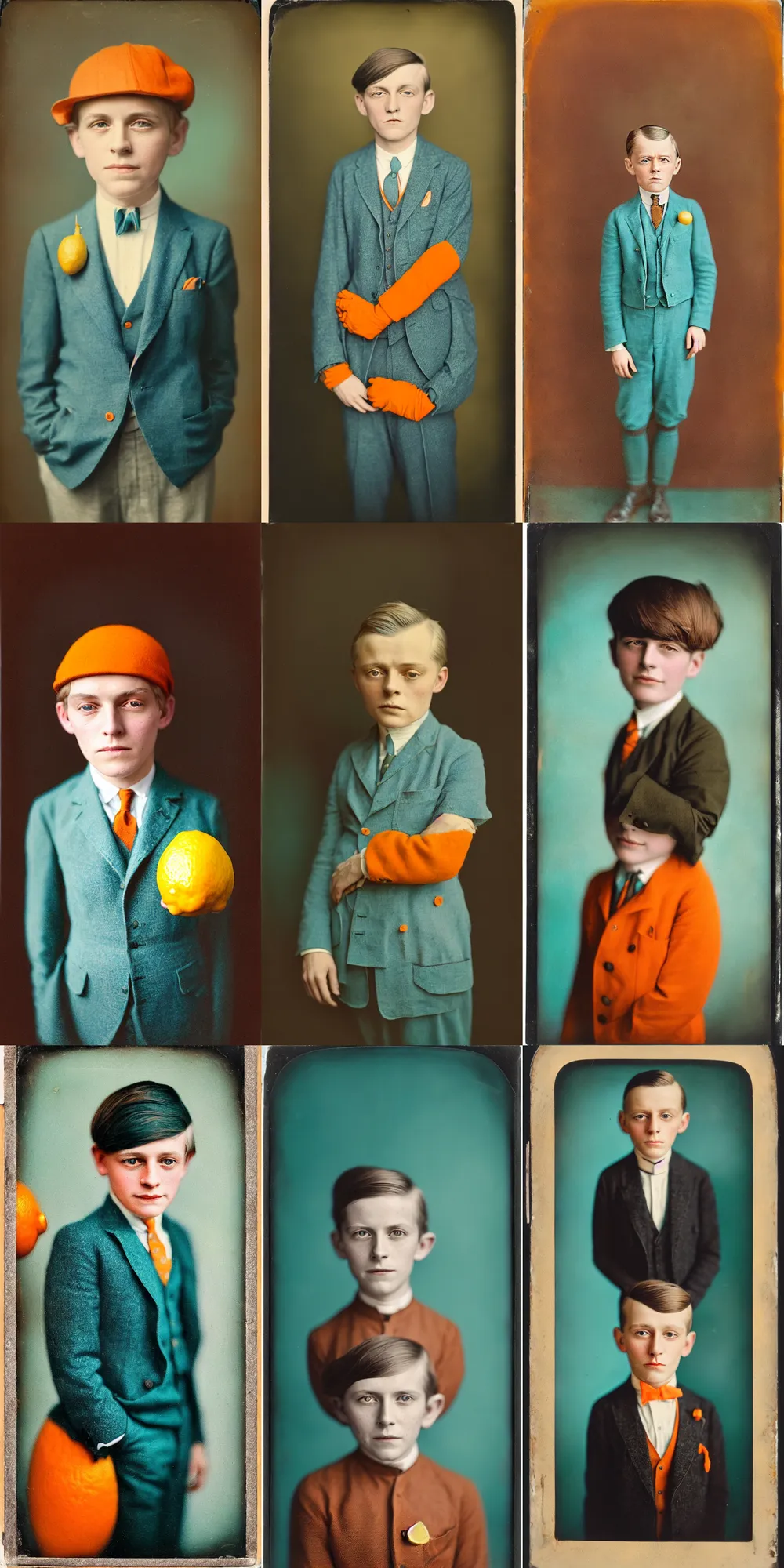 Image similar to kodak portra 4 0 0, wetplate, 8 k, shot of a highly detailed, britt marling style, colour still - life portrait of a lemon looks like a handsome 8 year old boy, 1 9 2 0 s cloth, 1 9 2 0 s hair, teal and orange, muted coloures