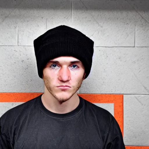 Image similar to close-up a 25 year old man wearing a black winter hat and a orange jail inmate tshirt, inside a underground facility, blue eyes, hideous, side lighting