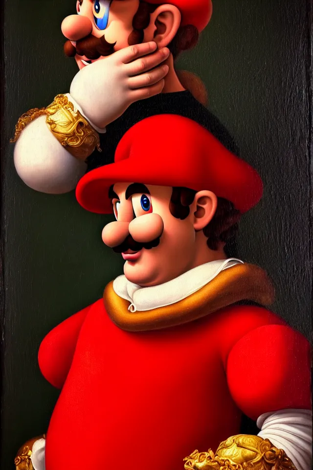 Image similar to bizarre renaissance portrait of mario as a highly detailed realistic real life person, dramatic cinematic lighting, 8 k, beautiful intricate painting