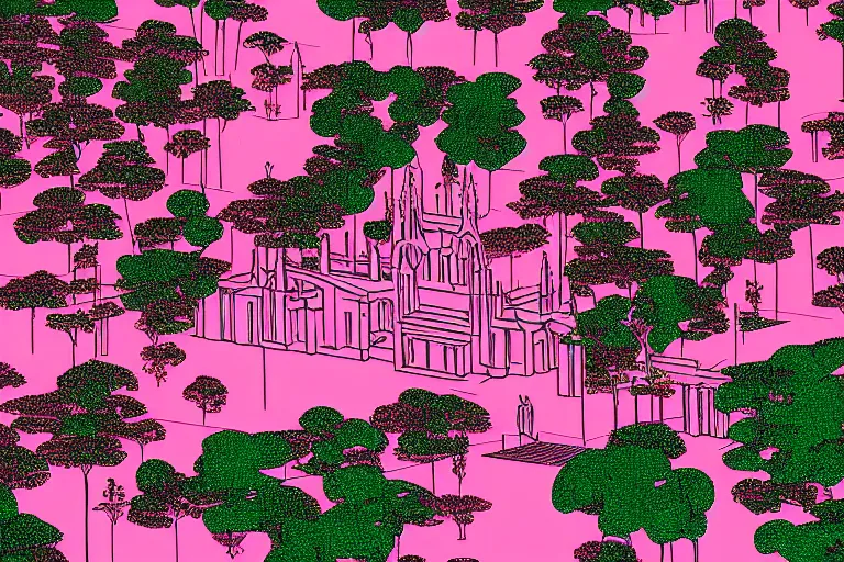 Prompt: aerial helicopter view over Maringá's Cathedral, lot of trees, some Ipê pink trees, retro futuristic illustration, made by Syd Mead. High density, ultra detailed