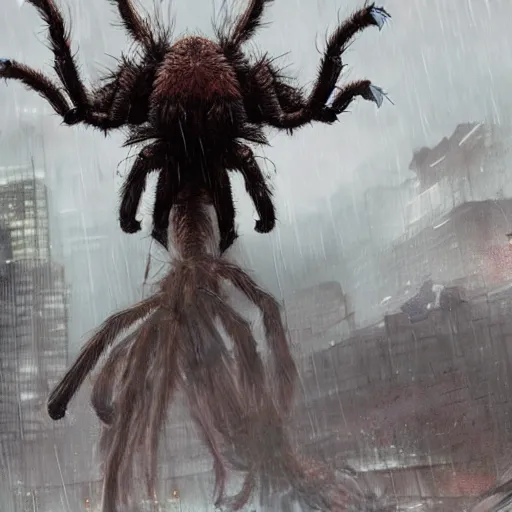 Image similar to A colossal tarantula walking in the rain, cinematic lighting, dramatic atmosphere, by Dustin Nguyen, Akihiko Yoshida, Greg Tocchini, Greg Rutkowski, Cliff Chiang, 4k resolution, trending on artstation,1900s