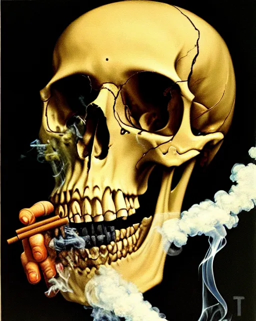 Prompt: oil geometric painting of skull skeletons smoking weed by norman rockwell