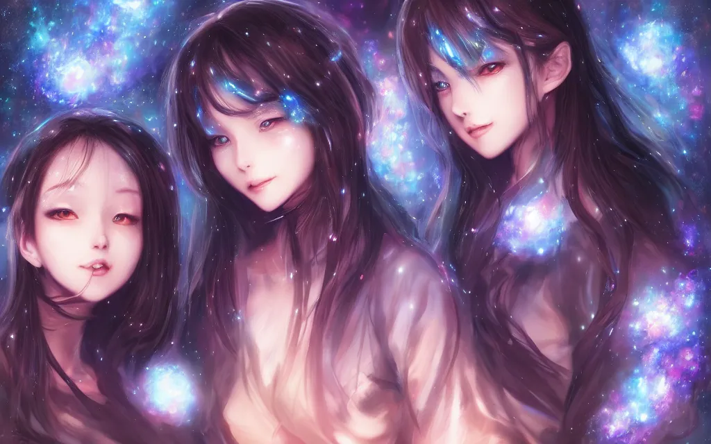 Image similar to A realistic anime portrait of a beautiful cosmic twins with glowing void eyes and cosmic skin wearing clothes made of galaxies, digital painting, by Stanley Artgerm Lau, Sakimichan, WLOP and Rossdraws, digtial painting, trending on ArtStation, SFW version