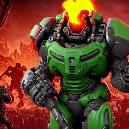 Image similar to doom guy in fornite, intricate, smooth detailed, marine armor, fornite theme