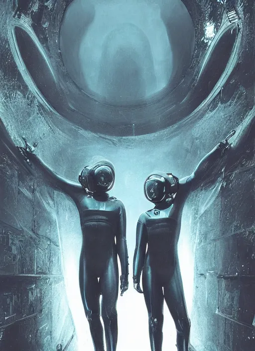 Prompt: two astronauts in dark and void underwater - hyperdetailed suit. reflection and dispersion materials. rays and dispersion of light. volumetric light. 5 0 mm, f / 3 2. noise film photo. flash photography. ultra realistic, wide angle. poster by wayne barlowe, hajime sorayama aaron horkey, craig mullins. dark key.