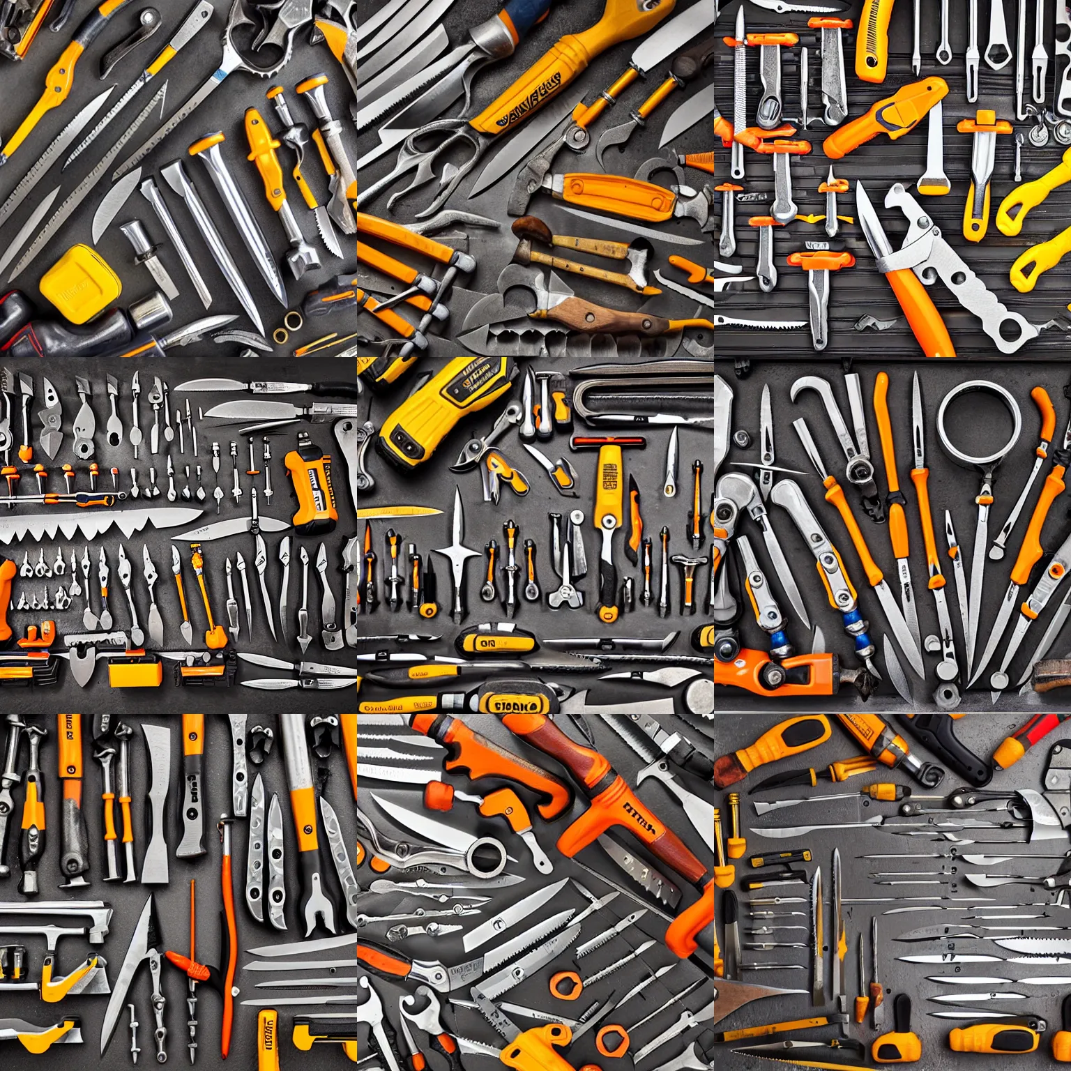 Prompt: overhead view of lots of stanley tools, saw, knives, spanners, screwdrivers, wrenches, hammers, arranged in an outline of a hammer