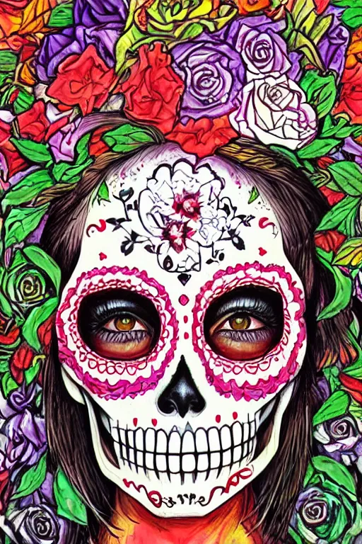 Prompt: Illustration of a sugar skull day of the dead girl, art by ayami kojima