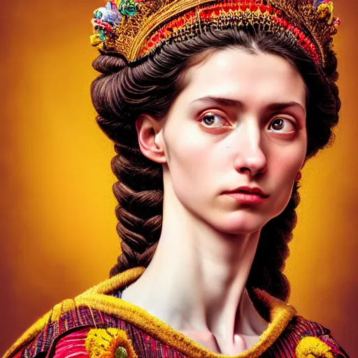 Image similar to Colour Caravaggio style Photography of Highly detailed beautiful Woman with 1000 years perfect face and wearing detailed Ukrainian folk costume designed by Taras Shevchenko also wearing highly detailed retrofuturistic Tiara designed by Josan Gonzalez. Many details In style of Josan Gonzalez and Mike Winkelmann and andgreg rutkowski and alphonse muchaand and Caspar David Friedrich and Stephen Hickman and James Gurney and Hiromasa Ogura. Rendered in Blender and Octane Render volumetric natural light