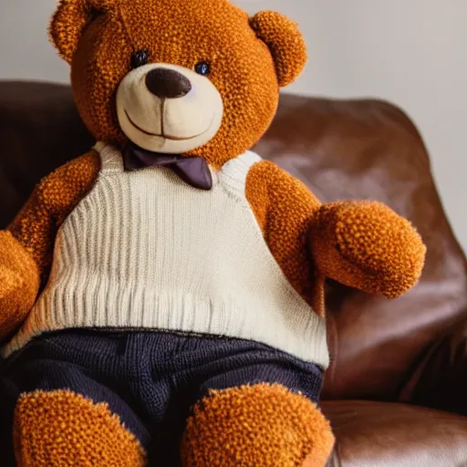 Image similar to a teddy bear with an unnerving smile wearing a sweater vest sitting on a couch, 4 k photo