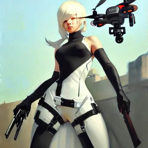 Image similar to greg manchess painting of a 2 yorha type a no. 2 as overwatch character!! with a drone!, white long hair, organic painting, trending on artstation, by huang guangjian and gil elvgren and sachin teng