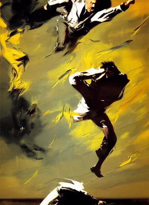 Prompt: slipping, saul goodman, screaming, slipping and flying, falling, flailing painting by phil hale, fransico goya,'action lines '!!!, graphic style, visible brushstrokes, motion blur, blurry