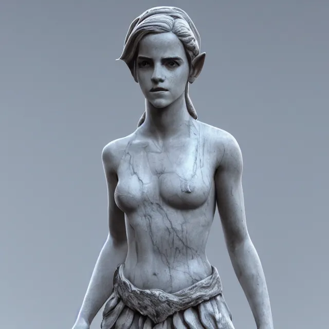 Image similar to marble sculpture of emma watson as an elf warrior, realistic, unreal engine render, octane render, hyper realistic, photo, 8 k, cinematic lighting