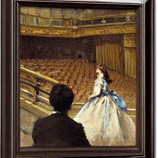 Image similar to a young man watching an actress on stage in an old theater, by alfred stevens