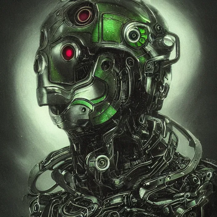 Image similar to portrait of a green Ultron from Age of Ultron, clockwork steampunk, head and chest only, by Beksinski, 4k, deviantart, trending on artstation